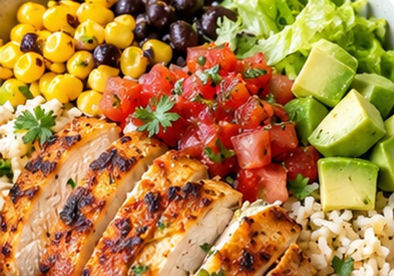 Chicken burrito bowl with grilled chicken, rice, corn, black beans, tomato and avocado