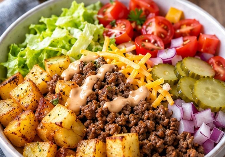 Lean cheeseburger bowl with beef, crispy potatoes, cheddar and burger sauce